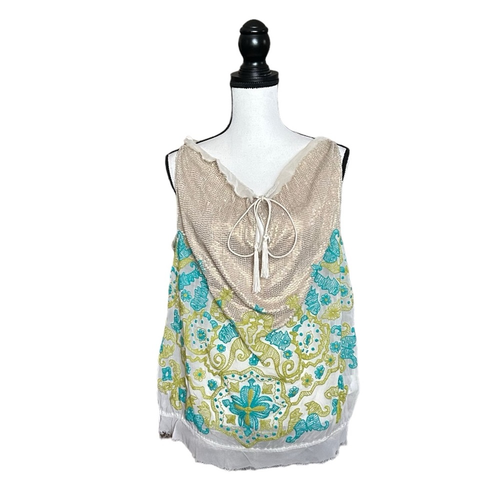 Anthropologie Tan and Blue Sequin Top Namrata Joshipura